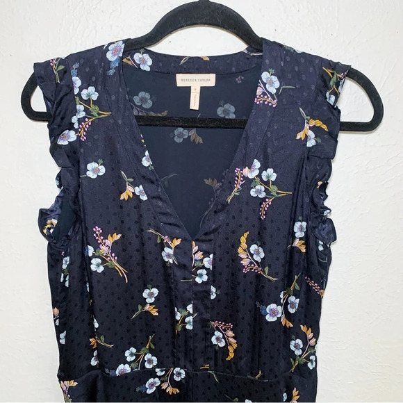 Rebecca Taylor Silk Floral Embossed Dot Navy Ruffle Dress Sz 8 - Picture 3 of 6